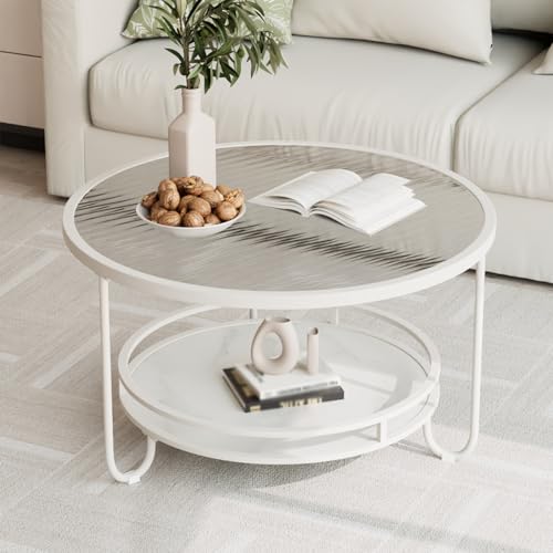 Dexinhdh Runder Couchtisch Aus Glas Mit 2 Ebenen, Moderner Mitteltisch Mit Stauraum Unten, Basis Aus Steinplatte, Metallrahmen, rutschfeste Fußauflage, Für Wohnzimmer Und Büro(B,60cm) von Dexinhdh