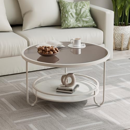 Dexinhdh Runder Couchtisch Aus Glas Mit 2 Ebenen, Moderner Mitteltisch Mit Stauraum Unten, Basis Aus Steinplatte, Metallrahmen, rutschfeste Fußauflage, Für Wohnzimmer Und Büro(E,80cm) von Dexinhdh