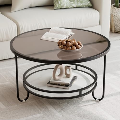 Dexinhdh Runder Couchtisch Aus Glas Mit 2 Ebenen, Moderner Mitteltisch Mit Stauraum Unten, Basis Aus Steinplatte, Metallrahmen, rutschfeste Fußauflage, Für Wohnzimmer Und Büro(F,70cm) von Dexinhdh