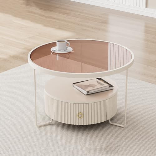 Dexinhdh Runder Couchtisch Aus Glas Mit 3 Ebenen, Moderner Mitteltisch Mit Unterer Schublade, Halterung Aus Metallschmiedeeisen, Cocktailtische Im Industriestil Für Home Office(D,60cm) von Dexinhdh
