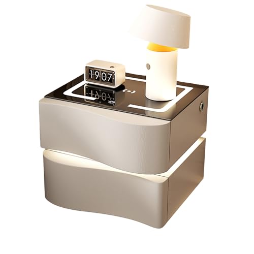 Dexinhdh Schwebender Nachttisch Mit Ladestation, Intelligenter LED-Nachttisch, 3-farbige Beleuchtungseinstellung, Arbeitsplatte Aus Gehärtetem Glas, Beistelltisch Mit 2 Schubladen(F,40cm) von Dexinhdh