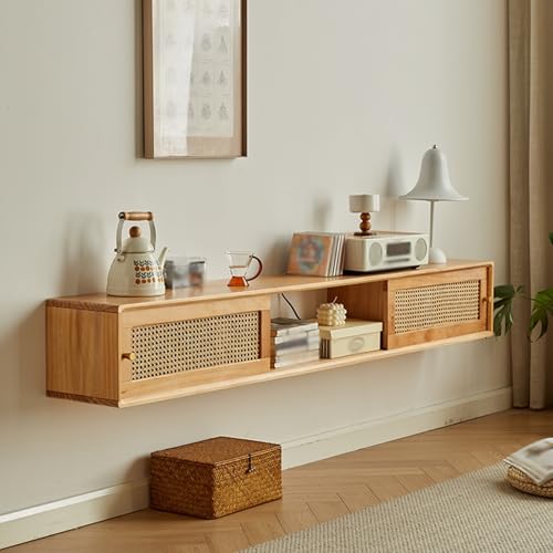 Dexinhdh Schwebender TV-Ständer Aus Rattan, TV-Ständer Aus Holz Mit Schiebetüren, Großes Wandmontiertes Entertainment-Center Mit Metallgriff Und Stauraum Für Das Wohnzimmerbüro(A,180cm) von Dexinhdh