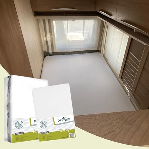 Dexitex - Spannbettlaken Wohnmobil 2er Set - 1 Spannbettlaken + 1 Matratzenschoner (125-155cm x 200cm)- Französische Bettwäsche - für Wohnwagen Bett - Oeko-TEX - 100% Baumwolle - Links - Weiß von Dexitex