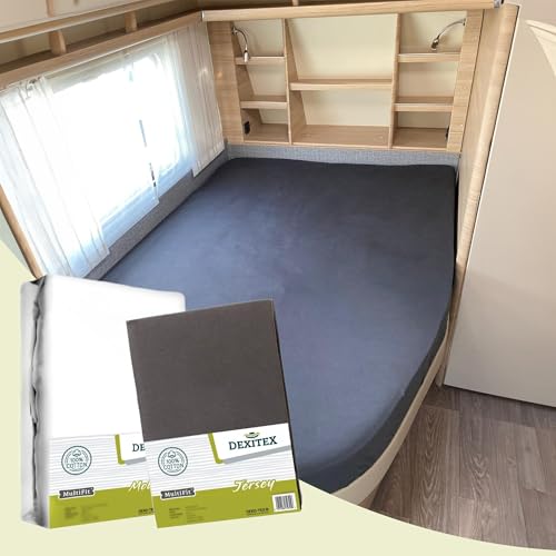 Dexitex - Spannbettlaken Wohnmobil 2er Set - 1 Spannbettlaken + Molton Matratzenschoner rechts (130-160cm x 200cm)- Französische Betten - für Wohnwagen Matratze - Oeko-TEX - 100% Baumwolle - Antrazit von Dexitex