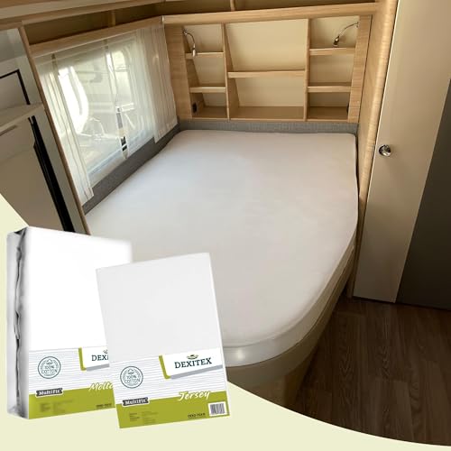 Dexitex - Spannbettlaken Wohnmobil 2er Set - 1 Spannbettlaken Weiß + 1 Molton matratzenschoner mit Ecke rechts(125-155cm x 200cm)- Französische Betten - für Wohnwagen Matratze - Oeko-TEX von Dexitex
