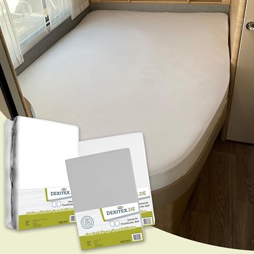 Dexitex - Spannbettlaken Wohnmobil 3er Set - 1 Spannbettlaken Grau + 1 Weiß + 1 Matratzenschoner Ecke Rechts (125-155cm x 200cm)- Französische Betten - für Wohnmobil Bett - Rechts -1 Grau + 1 Weiß von Dexitex