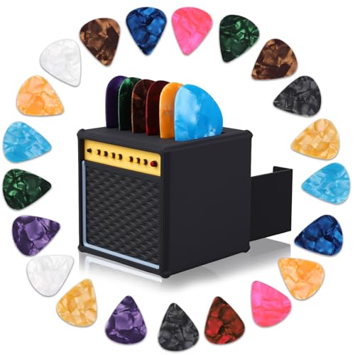 22 Stück Gitarrenplektren-Halter, Vintage-AMP-Gitarrenplektrumhalter mit 21 Zelluloid-Gitarrenplektren, 3D-gedruckte Retro-Aufbewahrungsbox und Präsentationsständer für Gitarristen und von Dexspoeny