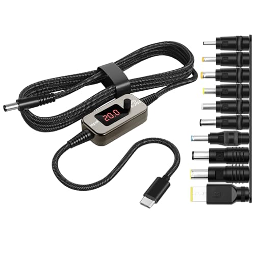 Dexumodbk 100W USB-C PD zu DC Adapterkabel 5A (5V/9V/12V/15V/20V Einstellbar) mit 5.5×2.1mm Stecker + 10 DC-Adaptern, für Laptop, Router, Monitor, Kamera, 1M Nylon-Kabel von Dexumodbk