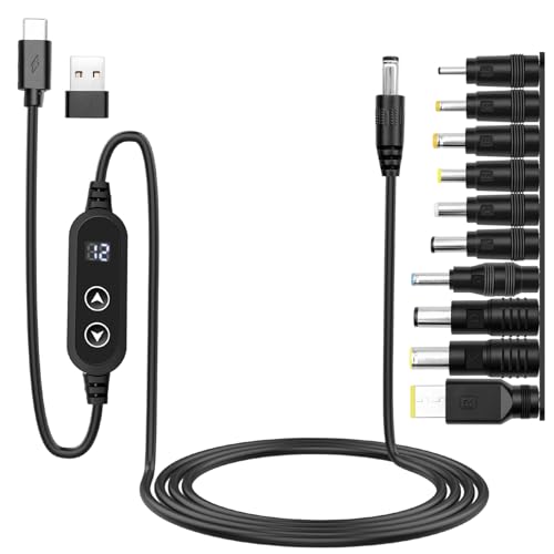 Dexumodbk PD & USB auf DC Adapterkabel - 5V/9V/12V/15V/20V Einstellbare Spannung, USB-C auf DC 5.5x2.1mm Kabel mit 10 DC Steckern + Typ-C auf USB Adapter- Geeignet für Laptops, Router & mehr (1M) von Dexumodbk