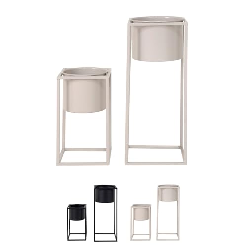 Dezain® Home - Pflanzen-Übertöpfe Marla – Pflanzkübel aus Metall – für Kräuter, Blumen & Pflanzen – Blumentopf mit Gestell – filigranes Design – Pflanzentopf in Beige – 2er Set von Dezain