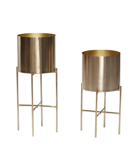 Dezain® - Pflanzen-Übertöpfe Hilda | Pflanzkübel aus Metall & mit Gestell | für Blumen, Kräuter, Pflanzen & Deko | Schlichter Blumentopf Ø 25 cm | Pflanzentopf in Messingfarben | 2er Set von Dezain