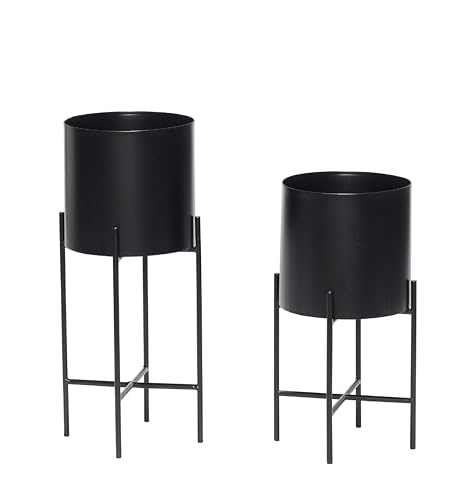 Dezain® - Pflanzen-Übertöpfe Hilda | Pflanzkübel aus Metall & mit Gestell | für Blumen, Kräuter, Pflanzen & Deko | Schlichter Blumentopf Ø 25 cm| Pflanzentopf in Schwarz | 2er Set von Dezain