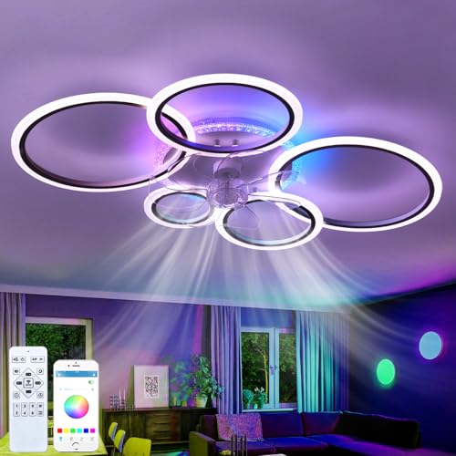 Dfiacn RGB Deckenventilator Mit Beleuchtung LED Dimmbar Schlafzimmer Leise Lampe Mit Ventilator Mit Fernbedienung Reversibel 6-Gang Timing Deckenlampe Mit Ventilator Wohnzimmer Φ 95cm, Schwarz von Dfiacn