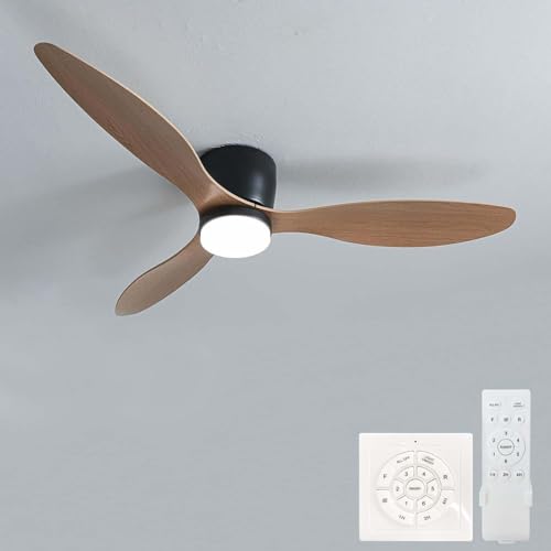 Groß Deckenventilator Mit Beleuchtung Wohnzimmer Leise Drei Farben Lampe Mit Ventilator Und Fernbedienung APP Reversibel Deckenventilator Mit Licht 6-Gang Erinnerung Timing Φ 132cm, Schwarzholz von Dfiacn