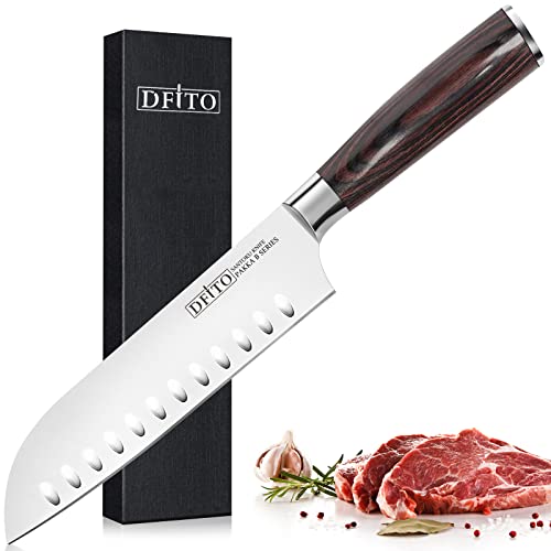 Dfito 18cm Santoku Messer Küchenmesser, Kochmesser Hoher Kohlenstoff Premium-Edelstahl Scharfes Chefmesser Ergonomischer Griff Professionell Geeignet zum Schneiden von Fleisch Fisch und Gemüse von Dfito