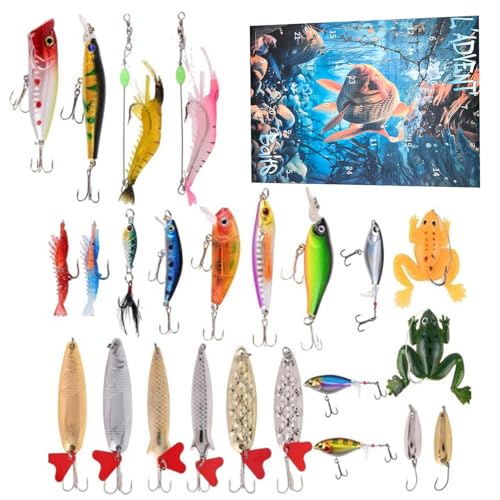 Dfstvup Fishing Lure Countdown Kalender | 24 Tage Countdown Weihnachtsangelköder Kalender | Hartköder Weichköder Angelzubehör für Stausee Fluss Teich See Outdooraktivität von Dfstvup