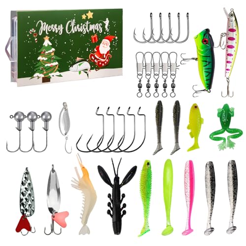 Dgayaeic Angeln Countdown Kalender - Realistischer 24-Tage Weihnachts-Countdown-Kalender mit Angelködern und Angelzubehör,Festliches Köder-Set für Vatertag, Hobbyangeln, Weihnachtszeit und von Dgayaeic