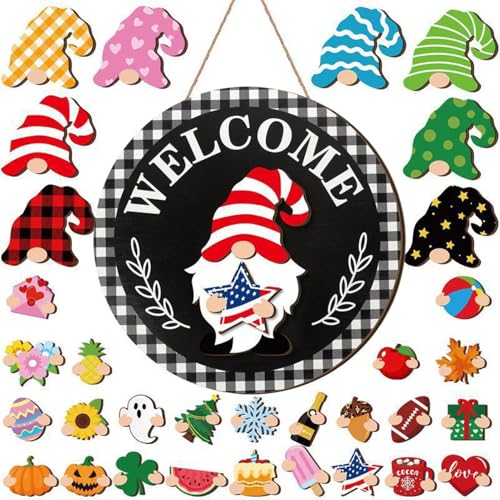 Dgayaeic Austauschbares Gartenzwerg Willkommensschild für Türen | Austauschbares Saisonales Holzschild - Dekoration für Klassenzimmer mit Magnetteilen und abnehmbaren Hüten | Für Garten Terrasse Wand Dgayaeic Austauschbares Gartenzwerg Willkommensschild für Türen | Austauschbares Saisonales Holzschild - Dekoration für Klassenzimmer mit Magnetteilen und abnehmbaren Hüten | Für Garten Terrasse Wand von Dgayaeic