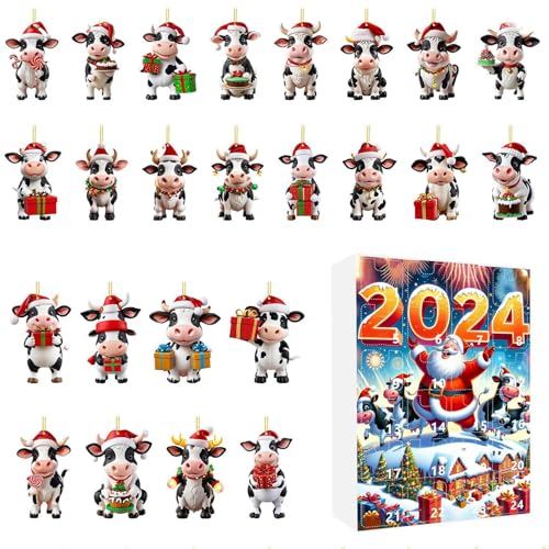 Dgayaeic Ornament-Kalender, Adventskalender 2024–24 Tage, Countdown-Kalender, Weihnachts-Kuh-Ornamente, 2D-Acryl, Heimdekoration für Urlaub, Organizer, Schulveranstaltungen, Familie, Bindung, Kinder von Dgayaeic