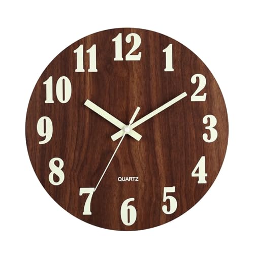 Dh2yjnbf3 Wohnzimmer 10 Zoll leuchtende Wanduhr aus Holz, leises Licht in dunkler Nacht, nordische Mode, Nicht tickende Uhr mit Nachtlicht-Tools Wohndeko von Dh2yjnbf3