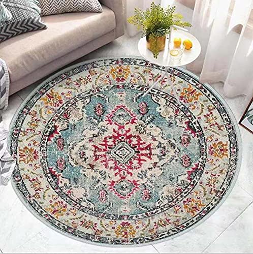 Dhao Boho Teppich Rund rutschfeste Wohnzimmer Schlafzimmer Folk Style Kurzflor Teppich Modern Orient Print Terrassen Weich Drinnen Matte (A,60x60cm) von Dhao