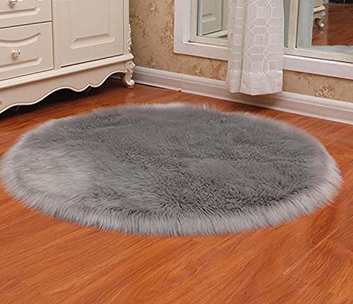 Rund Faux Lammfell Schaffell Teppich Super weich Modern Fellteppich Deko Fell Teppiche für Kinderzimmer Wohnzimmer Stuhl Couch rutschfest (Grau,100x100cm) von Dhao