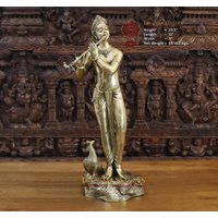 Brass Enticing Modern Krishna Spielflöte Mit Einem Wunderschönen Pfau - Südindien Make Dharma Exclusive von DharmaStatues