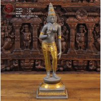 Brass Magnificent Goddess Parvati in Ainspired From Elephanta Caves, Indien - Mystique Grey & Gold Made Thanjavur, Südindien von DharmaStatues