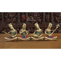 Brass Mystical Musicians Of The Mughal Court | 4Er Set Aus Halbedelsteinen - Hergestellt in Mysore, Südindien Nur Bei Dharma von DharmaStatues