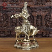 Brass Ornamented Krishna Spielflöte Mit Glückspilz Nandini Kuh - Made in Coimbatore, Südindien- Dharma Exclusive von DharmaStatues