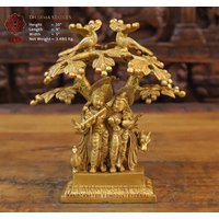 Messing Baum Radha Krishna Mit Kuh & Pfauen - Manohari Moment Verglasung Gold Finish von DharmaStatues