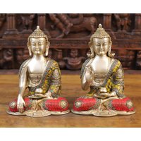 Messing-Buddha-Paar, Das Die Erde Ruft, in Verziertem Gewand Mit Halbedelstein - Satin-Finish von DharmaStatues