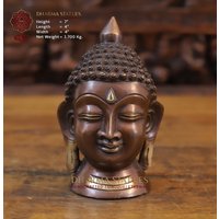 Messing Funkelndes Buddhagesicht in Einem Beruhigenden Meditationsausdruck - Kupfer & Gold Finish Dharma Exclusive von DharmaStatues
