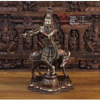 Messing Lord Krishna Und Nandi Kuh Auf Einem Sockel - High Detailed South India Make in Buttery | Kupfer Gold Finish Dharma Exclusive von DharmaStatues