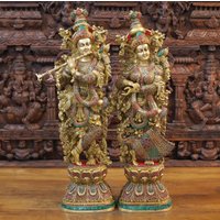 Messing Saundaryam Krishna Radha Stehend Auf Lotus Spielender Flöte - Eingebettet in Halbedelstein Dharma Exclusive von DharmaStatues