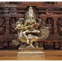 Messing Seltene Schwan Veena Divya Saraswati | Göttin Des Talents in Verglasung Gold Finish - 700 Stunden Handwerkskunst Dharma Exclusive von DharmaStatues