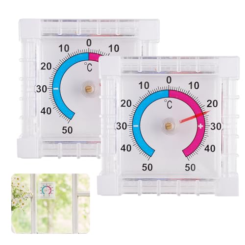 2er-Pack Fensterthermometer Aussen Selbstklebend, + - 50°C Außenthermometer Fenster Analog, Transparent Kühlschrankthermometer Analog Set, Thermometer Geeignet für Aussen und Fenster (7,5 x 7,5 cm) von Dhisperares