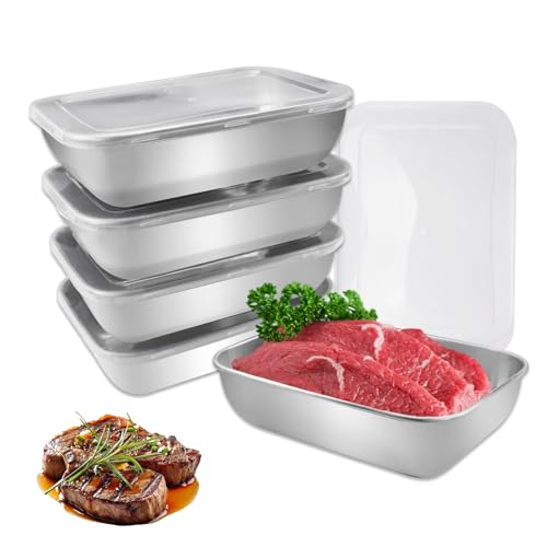 5 Stück Vorratsdosen Edelstahl, 1100 ML Stainless Steel Food Container, Stapelbar Edelstahl Frischhaltedosen mit Deckel, Wiederverwendbar Meal Prep Box für Salate, Süßigkeiten, Obst (18 x 13 x 5 cm) von Dhisperares