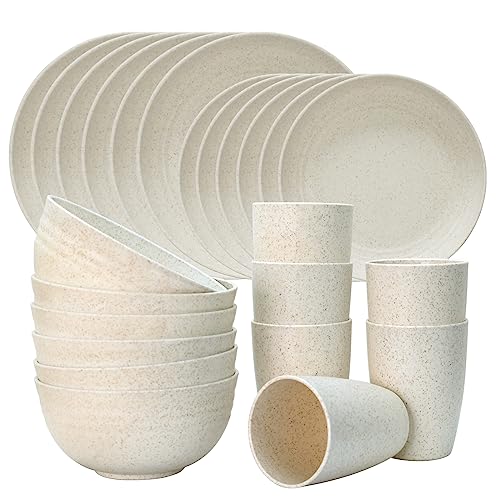 Dhnvcud 24 Stück Camping Geschirr Set, Camping Teller Set 6, Unzerbrechlich Kunststoff Geschirr Plastikgeschirr Set, Geschirrset Personen 6 Geschirr Wohnwagen Geschirr Set für 6 Personen(Beige) von Dhnvcud