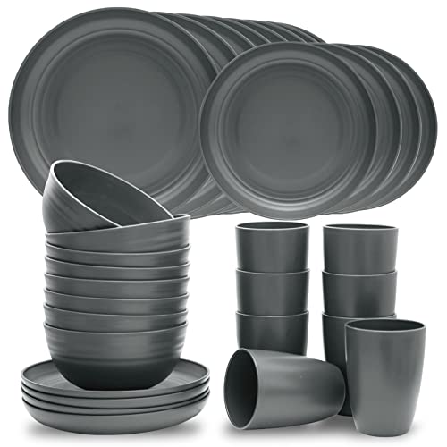 Dhnvcud 32-teiliges Küchenteller und Schalen-Sets, leichtes Kunststoff-Geschirr-Set für 8, unzerbrechliches Geschirr-Set, wiederverwendbares Teller-Set, Wohnmobil, Grau von Dhnvcud
