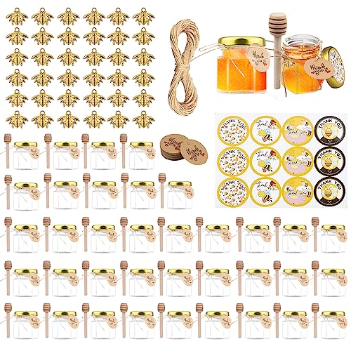 Dhnvcud 36 Honiggläser, Mini-Honigtopf, sechseckig, Honigtopf mit Löffel aus Holz, Honigtopf, Hochzeit, Mini-Honigtopf, Gastgeschenk, Honigtopf für Babyparty von Dhnvcud
