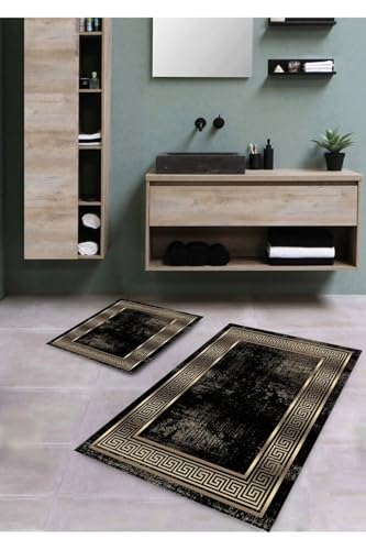 Di-Lara Rutschfestes 2-teiliges Badezimmermatten-Set aus Marmor im Medusa-Design – inklusive rechteckiger Waschbeckenmatte - Schwarz von Di-Lara
