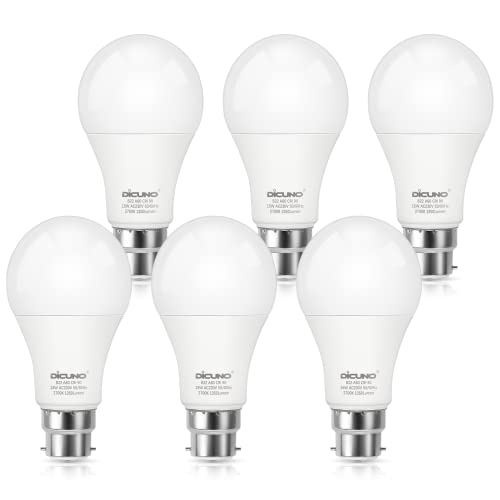 DiCUNO B22 LED Lampe 15W, ersetzt für 100W Glühlampe, 2700K Warmweiß, 1350LM, A60 LED Leuchtmittel in Kolbenform, Hängeleuchte, Stehlampe, klassisches Schraubgewinde B22, 230V, nicht Dimmbar, 6er Set von DiCUNO