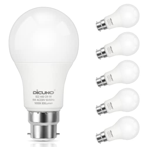 DiCUNO B22 LED Lampe 9W, ersetzt für 60W Glühlampe, 5000K Kaltweiß, 806LM, A60 LED Leuchtmittel in Kolbenform für Hängeleuchte, Stehlampe, klassisches Schraubgewinde B22, 230V, nicht Dimmbar, 6er Set von DiCUNO