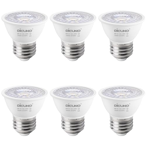 DiCUNO E27 LED Lampe 6W, Kaltweiß 6000K, MR16 Scheinwerfer, 500lm in 60°Abstrahlwinkel, Ersetzt 50W Halogenstrahler, PAR16 kurze LED Spots, CRI90, kein Flackern, nicht dimmbar, 230V, 6er Pack von DiCUNO