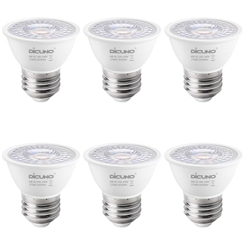 DiCUNO E27 LED Lampe 6W, Warmweiß 2700K, MR16 Scheinwerfer, 500lm in 60° Abstrahlwinkel, Ersetzt 50W Halogenstrahler, PAR16 kurze LED Spots, CRI90, kein Flackern, nicht dimmbar, 230V, 6er Pack von DiCUNO