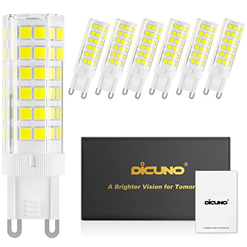 DiCUNO G9 LED dimmbar Lampen, 4.5W ersetzt 50W Halogenlampen, Kaltweiß 6000K, 500LM in 360° Abstrahlwinkel, G9 Stiftsockel für Kronleuchter, 85Ra, 230V AC, nicht flackern, 6er Set von DiCUNO