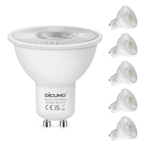 DiCUNO GU10 LED Kaltweiß Lampen 5.5W, ersetzt 50W Halogenlampen, 6000K, 340LM LED Leuchtmittel, schmaler Abstrahlwinkel 45° Reflektorlampen, GU10 Spots 230V, nicht dimmbar, 6 Stück von DiCUNO