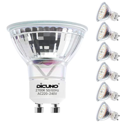 DiCUNO GU10 LED Warmweiß 5W, Ersetzt 50W Halogenstrahler, 2700K, 400lm, Reflektorlampe, 120° Abstrahlwinkel, kein Flackern, nicht dimmbar, MR16 LED Spot 230V AC, 6er Pack von DiCUNO