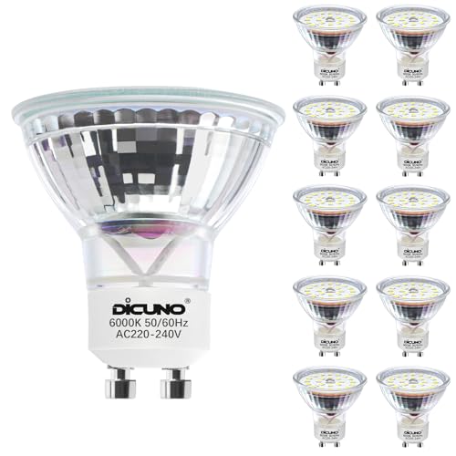DiCUNO GU10 LED Kaltweiß 5W, Ersetzt 50W Halogenstrahler, 6000K, 430lm, Reflektorlampe, 120° Abstrahlwinkel, kein Flackern, nicht dimmbar, MR16 LED Spot 230V AC, 10er Pack von DiCUNO